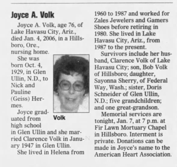 Obituary for Joyce A. Volk, 1929-2006 (Aged 76)
